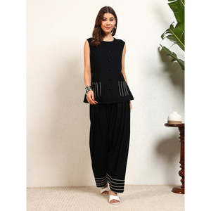 Deebaco Women's <b>Black</b> Sleeveless Casual O-Neck Loose Fit Top With Striped Ankle <b>Pants</b> 2-Piece Co-Ord Set Western Wear Outfit - Product Image 6