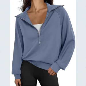 2025 été européen américain femmes demi-fermeture éclair sweat nouveau court col montant Plus velours couleur unie grande taille - Product Image 5