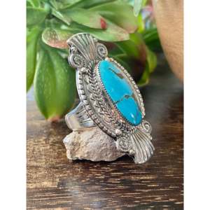 Navajo Handmade Kingman Turquoise & Sterling <b>Silver</b> <b>Statement</b> <b>Ring</b> Size 8.5 Gemstone Inlay with Natural Stone Everyday Wear - Product Image 3