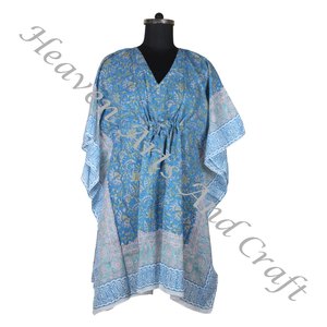 100% algodón Mujer ropa de dormir bloque de mano estampado Kaftan vestido KFCS158 peso ligero mujeres Casual ocasión desgaste corto caftán vestidos - Product Image 1