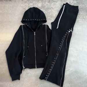 Latest 2025 Heavyweight Plus Size Men's Tracksuit Custom Logo Print Acid Wash Zip up <b>Hoodie</b> and Flare Sweatpants Set for Men - Product Image 1