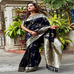 Sari de Seda Suave Banarasi Premium VASTRA COTTAGE, Tejido Jaal con Hilo Plateado, Pallu Tejido Enriquecido, Ropa Festiva con Blusa Lisa - Product Image 6