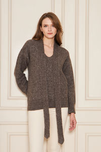 Conjunto de suéter y bufanda de punto oversize con cuello en V para mujer – Elegante y casual, mezcla de lana, ajuste holgado, conjunto de dos piezas para invierno - Product Image 2