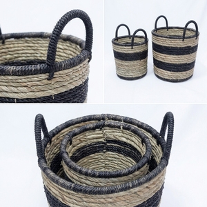 Natural Mendong Grass Recycled <b>Plastic</b> <b>Basket</b> Set Black Stripe Coiled Arch Handle Cylinder Pot Planter Pure Art Setup Room Craft - Product Image 2