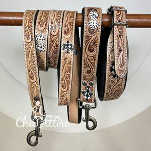 Nouveau collier de chien en cuir à carreaux réglable à la main écologique laisse et plomb en cuir véritable 3 pièces ensemble assorti pour chiens - Product Image 1