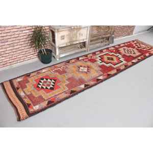 Vintage Rug, 2.8x12.3 ft <b>Runner</b> Turkish Rug, Herki <b>Red</b> Brown Abstract Rug - Product Image 4