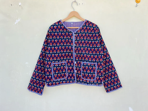 แจ็กเก็ตพิมพ์ลายบล็อกผ้าฝ้ายทำด้วยมือสไตล์อินเดียสำหรับผู้หญิงคอวีสไตล์โบฮีเมียนระบายอากาศได้ยาวสำหรับฤดูใบไม้ร่วง - Product Image 2