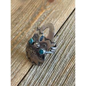 Tim Yazzie Kingman Turquoise & Sterling Silver <b>Adjustable</b> <b>Ring</b> Stainless Steel Vase Bezel Setting Gift for Size 8 Number Shape - Product Image 4