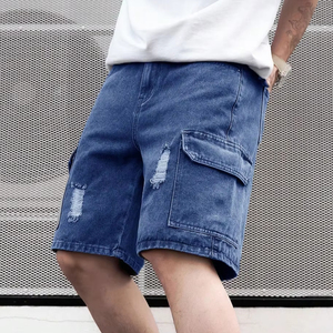 Pantalones cortos de mezclilla rasgados azul sólido para hombre con diseño de agujero desgastado y múltiples bolsillos para pantalones cortos de mezclilla casuales de verano - Product Image 4