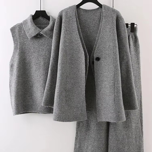 Jersey informal de Invierno para mujer, chaleco con cuello en V, cárdigan irregular, pantalones sueltos, conjuntos de 3 piezas en patrón de lona sólida - Product Image 5