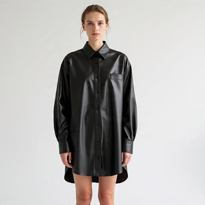 Letterman Vintage Faux <b>Leather</b> Casual <b>Shirts</b> for Women Oversize Loose Fit Button Fashion Motor Bike Outerwear Winter Style Front - Product Image 1