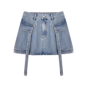 Hot Sale Custom Design Women Casual Button-Up Straight <b>Knee</b>-<b>Length</b> Denim <b>Skirt</b> <b>Summer</b> Washed 100% Cotton Fabric Quick Embroidery - Product Image 1