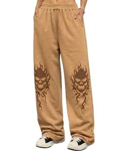 Customized Camel Flame Skull Print Wide Leg Sweatpants Women Oversized Gothic Streetwear Fleece Jogger Pants Custom OEM ODM - Product Image 1