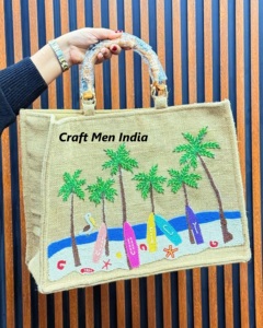 Tema de playa Arpillera Reutilizable Dama DE HONOR Venta al por mayor Embalaje Tote Yute Bag Beaded Work Tote bags Pure Natural Yute Bags - Product Image 1