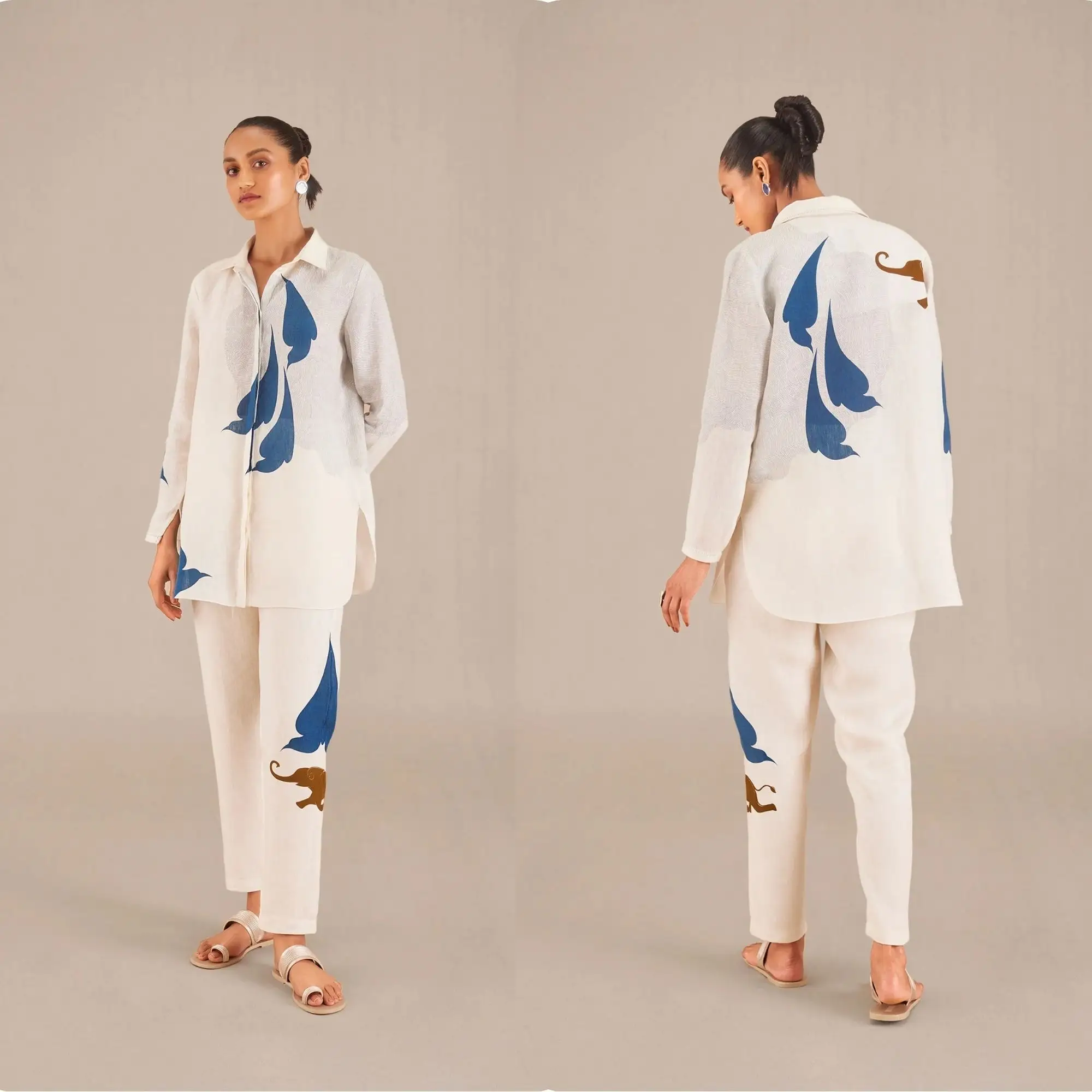 Cổ Điển Linen Mặc Nhà Máy Giá Áo Sơ Mi Phong Cách Phụ Nữ Co-ord Bộ Top + Pajama Quần Trang Phục