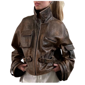 Veste en cuir marron pour femme, style bomber court délavé - Product Image 6