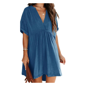 Robes bleues mini élégantes pour femmes, col en V, manches courtes, ourlet droit, coupe droite, style décontracté et confortable - Product Image 1