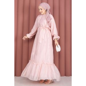 Robe Hijab Modeste Rose à Volants et Ceinture, Grande Taille, en Tissu Crêpe de Soie Imprimé, Plissée à la Taille, Coupe Naturelle en A - Product Image 3