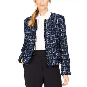 Calvin Klein Women's Reversible Tweed Frayed-Edge <b>Jacket</b> Blue Size 8-Solid <b>Pattern</b> <b>Quilted</b> Bomber Varsity Sheep Skin Custom - Product Image 1