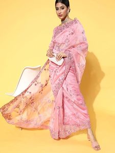 Mujer moderna diseñador Khadi Organza Pink Saree con blusa étnica cómoda y elegante boda Bollywood fiesta desgaste para mujer - Product Image 2