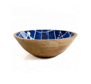 Prix usine 6x3 bol à salade en bois de manguier sculpté bol de service rond imprimé multicolore Design classique pour les fêtes en gros Inde - Product Image 6