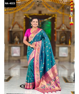 Saree en soie de Pethani doux indien de fantaisie avec la conception de motifs de Zari Weawing Meenakari avec la pièce de chemisier de contraste pour le saree de mariage - Product Image 1