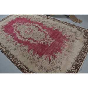 Vintage Turkish Rug Classic Pink Beige 5.9 X 10.3ft Handmade Wool Patchwork Design for Bedside Rectangle Hallway Pattern Latex - Product Image 4