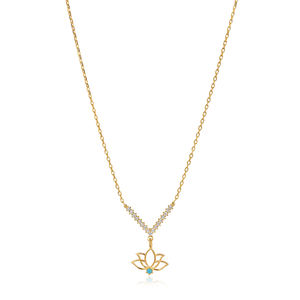 Zircon Stone Shape Lotus Design Trendy Engagement Wedding Party Charm <b>Necklace</b> Turkish <b>Handmade</b> Gold Plated 925 Sterling <b>Silver</b> - Product Image 1