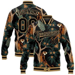 Venta al por mayor ropa deportiva industria personalizada negro-oro viejo Tigre y pavo real 3D bombardero Full-Snap Varsity Letterman chaqueta - Product Image 1