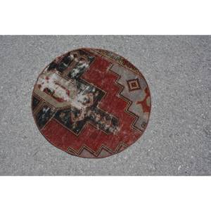 Classic Vintage Turkish Rug 2.4 X 2.4ft <b>Red</b> Black Patchwork Large Area Wool PP <b>Material</b> with Latex Backing for Hallway & Room - Product Image 3