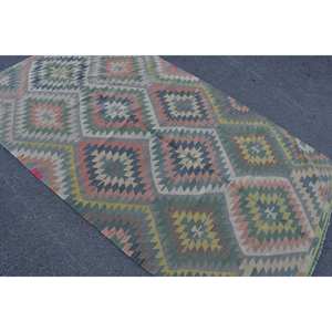 Tapis en laine rouge vert Kilim de grande surface 4.4x7.5 pieds Patchwork rectangulaire en latex à tissage plat turc pour couloir en peluche 4x7 tapis de chambre - Product Image 4