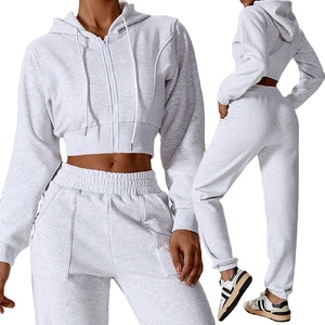 Femmes hiver Fitness jambe droite survêtement pantalon ensemble fermeture éclair complète haut court polaire à capuche taille élastique pantalons de survêtement avant plat - Product Image 6