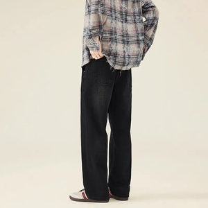 Jean en denim noir taille haute coupe droite délavé pour homme, style décontracté, coupe régulière, tissu coton automne - Product Image 4