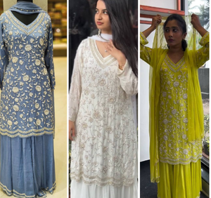 Venta caliente indio pakistaní mujeres color blanco Top Palazzo y dupatta en Faux Georgette para bodas y fiestas ocasiones desgaste - Product Image 6