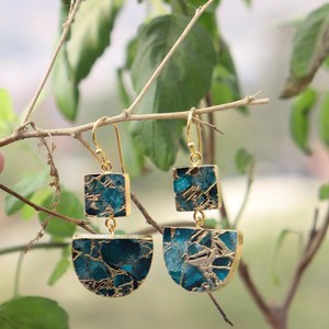 Double stone copper turquoise jewelry mohave apatite copper turquoise dangle earring 18k gold electroplated geometric earrings - Product Image 2