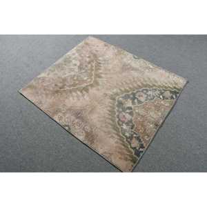 Vintage Small Rug 3.2x3.7 ft, Turkish <b>Brown</b> Check <b>Wool</b> Rug - Product Image 2
