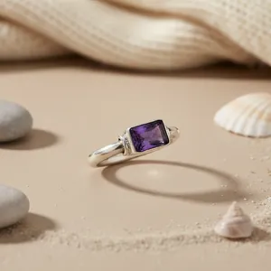 Bague de fiançailles pour femme en argent sterling 925 avec améthyste, sertissage géométrique, style classique, bijou cadeau - Product Image 2