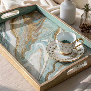 Table à manger de luxe en bois et résine, décoration d'intérieur, plateau cadeau personnalisable pour la cuisine, pour le Ramadan, Diwali, design moderne, forme rectangulaire - Product Image 1