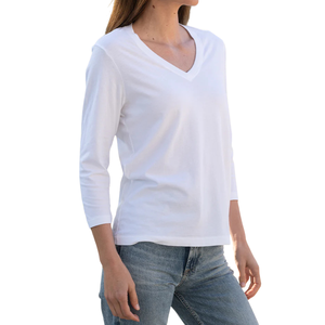 Camiseta Blanca de Manga 3/4 con Cuello en V para Mujer, 100% Algodón Orgánico de Lujo, Preencogido, Certificado GOTS, Premium, Suave, Transpirable, Clásica - Product Image 4