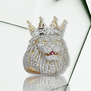 Collier pendentif tête de lion couronne royale luxueuse en or 18 carats, style hip-hop, avec anneau entièrement serti de cristaux brillants - Product Image 1