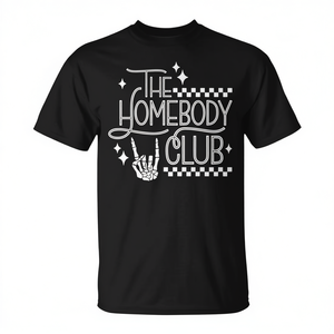 T-shirt The Homebody Club in cotone nero, girocollo unisex, abbigliamento casual - Product Image 2