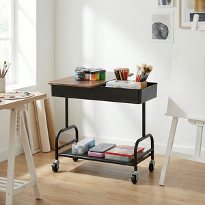 Industrial 2-Tier Utility Cart With <b>Wheels</b> Wood Top Metal Frame Storage Rack for Living Room Office Organizer - Product Image 2