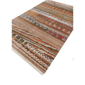 Alfombra Manchaha de Lana y Seda de Bambú con Patrón Geométrico Anudada a Mano en Rojo y Naranja - Para Uso Doméstico Les-2490 - Product Image 2