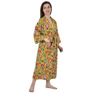 Bata de Casa Boho de Algodón Puro, Vestido de Verano Estampado a Mano Estilo Indio, Amarillo Mostaza, Rosa, con Estampado Floral, Atuendo de Lujo para Vacaciones en la Playa - Product Image 4