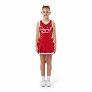 Ensemble d'uniforme de cheerleading personnalisé haut de gamme pour jeunes, avec haut à col en V, jupe plissée et culotte intégrée, en sergé rouge et blanc, OEM - Product Image 1