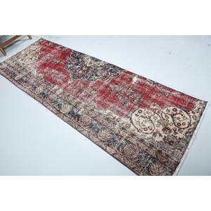 Turkish Vintage Rug 3x8.4 ft, <b>Red</b> <b>Runner</b> Floral Wool Rug - Product Image 1