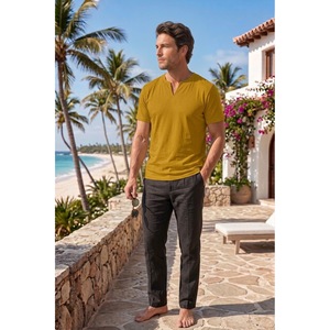 T-shirt pour homme en crêpe noir, style décontracté, coupe ample, col à revers, pour l'été - Product Image 6