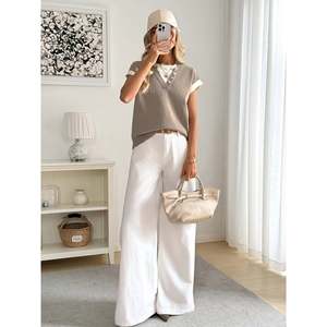Women's Khaki Casual Colorblock Crew Neck Short Sleeve <b>Pullover</b> <b>Sweater</b> with Button - Product Image 3
