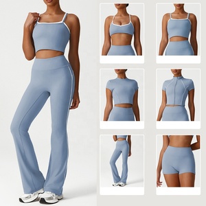 Conjunto de Yoga para Mujer de 2 Piezas, Color Sólido, Leggings de Cintura Alta, Top Corto con Tirantes Finos, Cierre de Cremallera, Ropa Deportiva Azul - Product Image 2