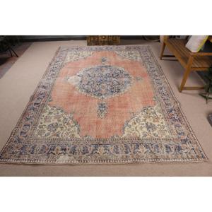 Vintage Rug, 7.2x10.7 ft Turkish Rug, <b>Red</b> Blue Striped <b>Wool</b> Rug - Product Image 1